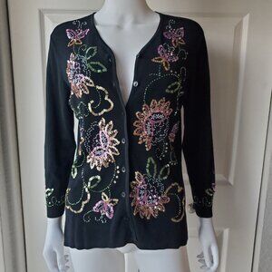 Sweaterworks Size Large Black Beaded & Sequin Knit Cardigan Sweater